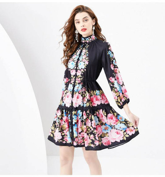 French Retro Printed Formal Dress - Mubimart
