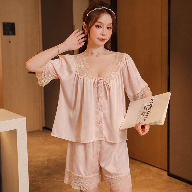 French Lace Home Pajama Set - Mubimart
