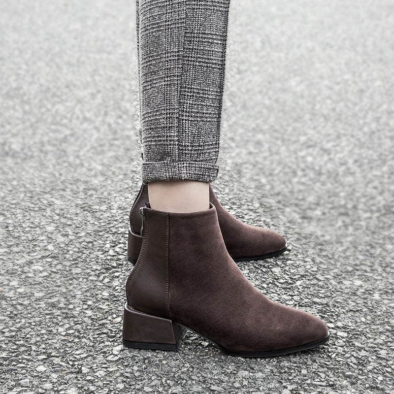 Retro Square Heel Pointed Toe Ankle Boots Fashion Versatile Chelsea Boot Women's Shoes - Mubimart