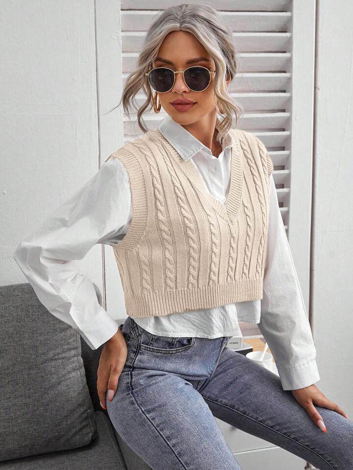 V-neck Knitted Vest Sweater Vest Sleeveless Waistcoat Women's Sweater Twist - Mubimart