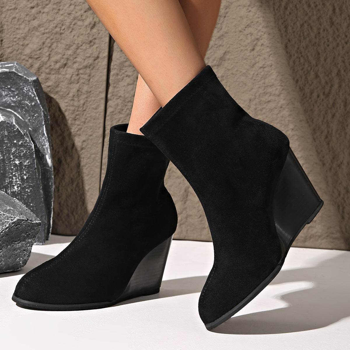 Fashion Thick-soled Wedges Boots Winter Suede Height-increasing Shoes Warm Solid Ankle Boot - Mubimart