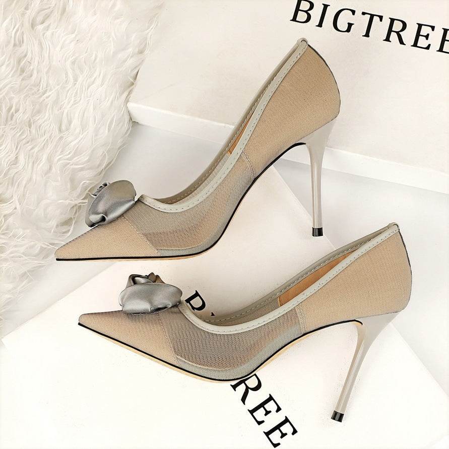 Women's Cutout Satin Rose Flower Pumps - Mubimart