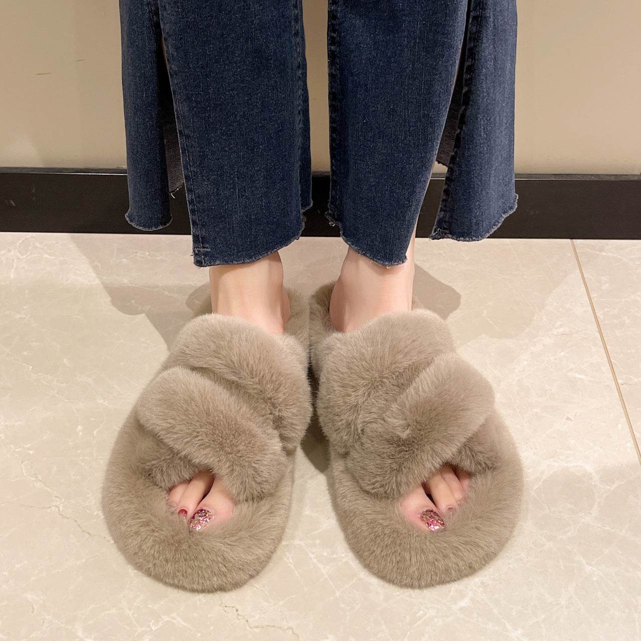Winter Fuzzy Slippers Women Warm Soft Plush Shoes - Mubimart