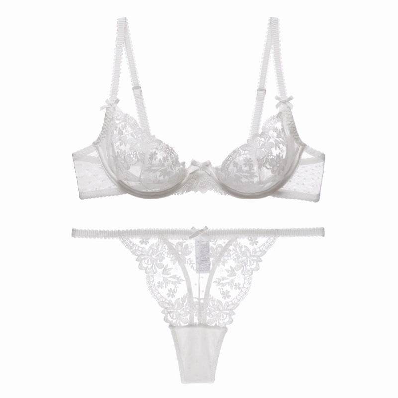 French Lace Cutout Lingerie Bra T Pants Set - Mubimart