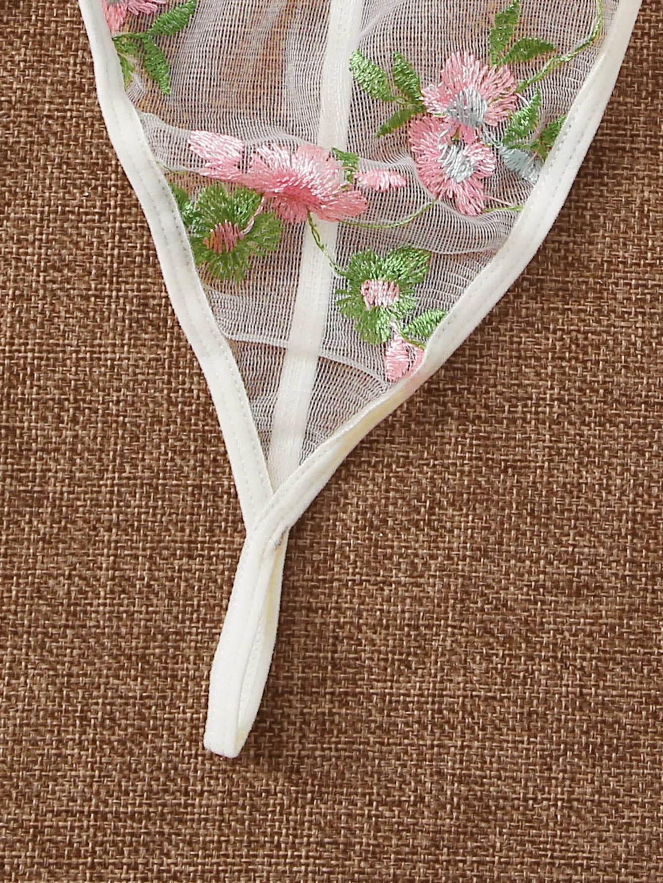 Embroidered Mesh Bra Thong Garter Belt - Mubimart