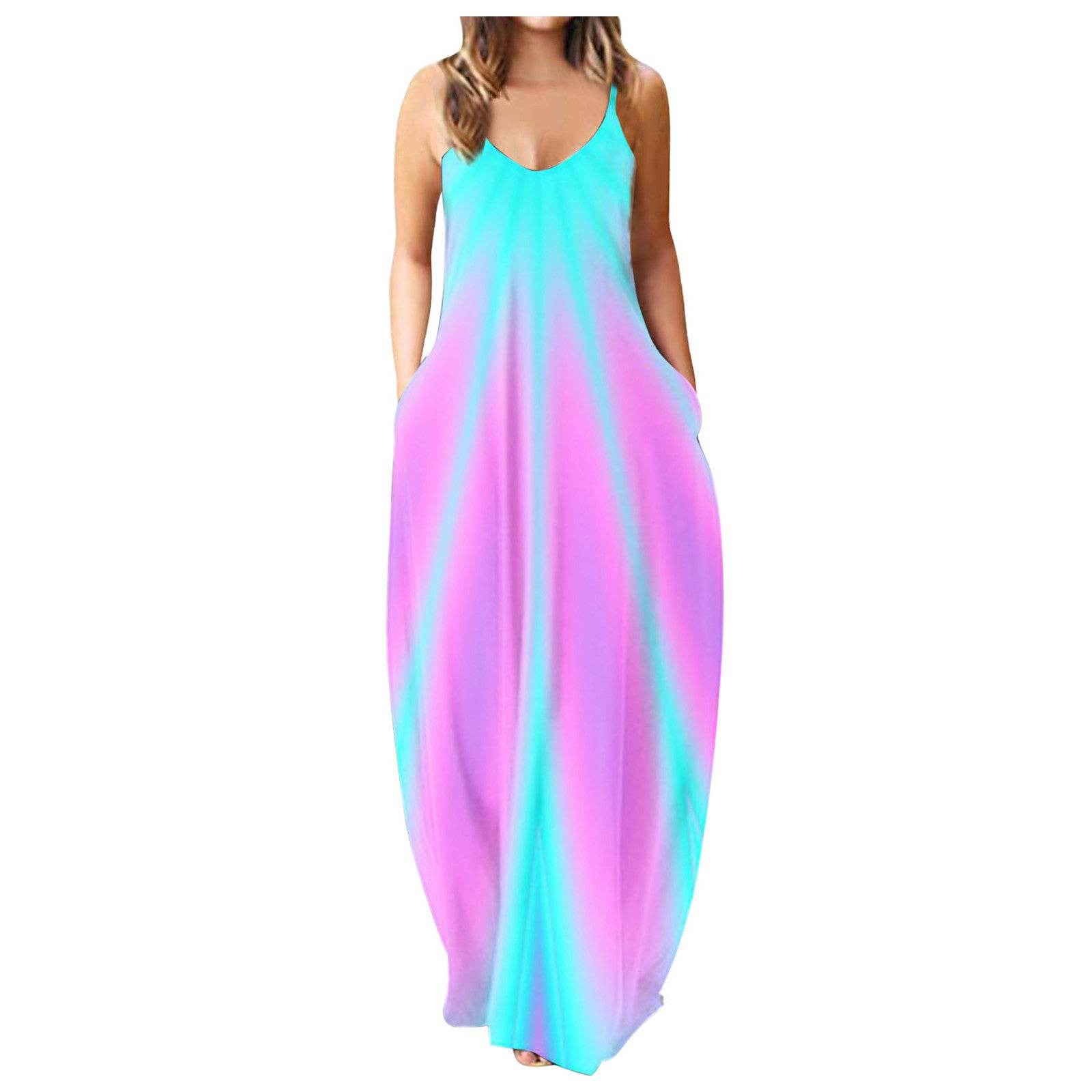 Casual Print Plus Size Sling Long Dress - Mubimart