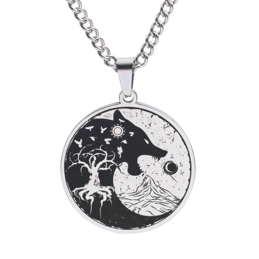 Mens Vintage Wolf Head Tree Of Life Pendant Necklace - Mubimart