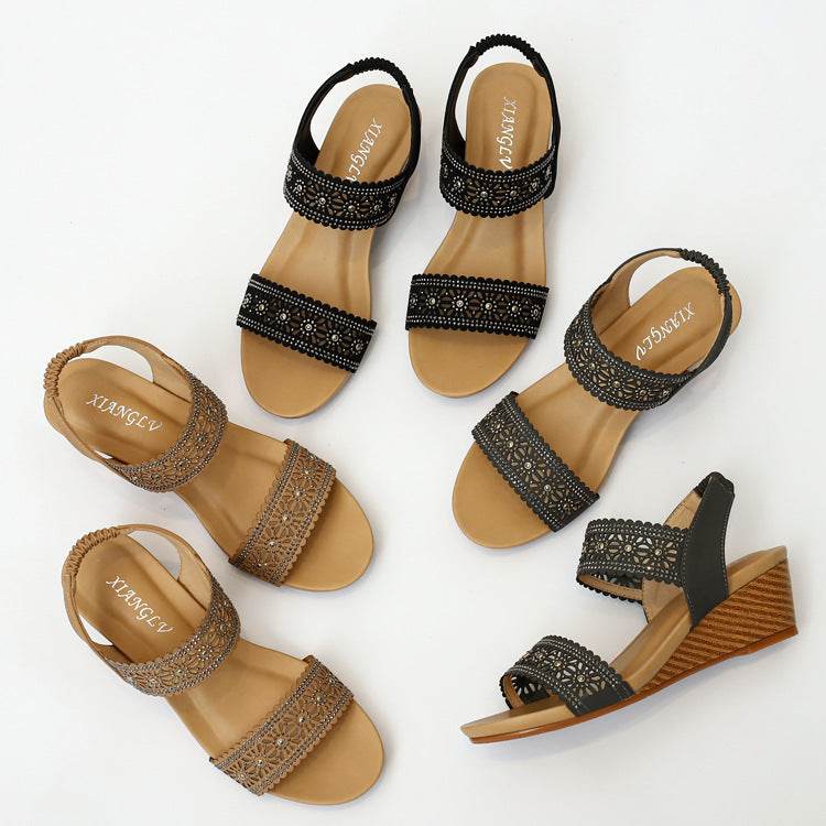 Flower Hollow Out Sandals With Rhinestones Wedges Shoes Women - Mubimart
