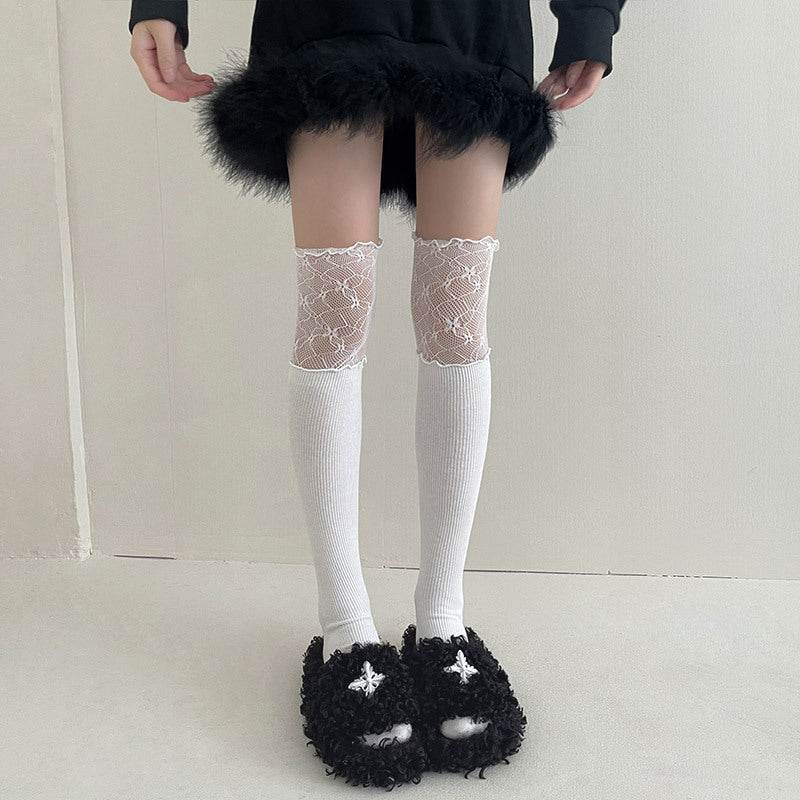 Women's Lace Splicing Fake High Tube Knee Socks - Mubimart