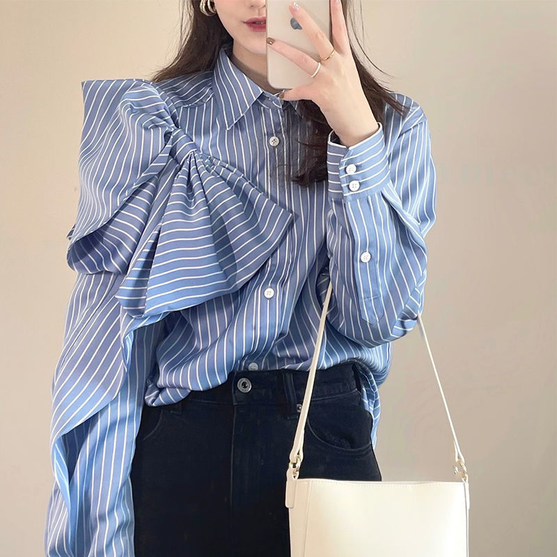 Casual Blue Striped Shirts For Women Lapel Long Sleeve Korean Bowknot Patchwork Blouses - Mubimart - Blouses 