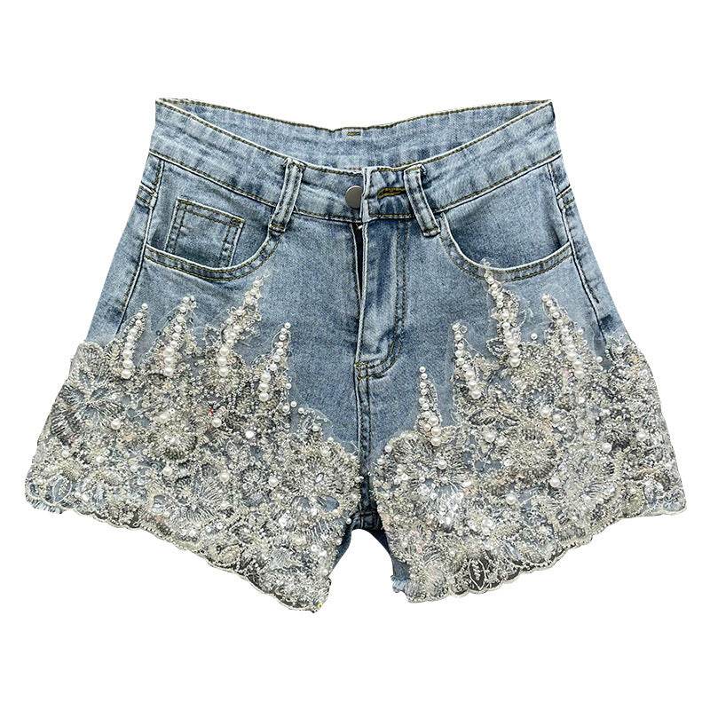 Heavy Industry Western Style Beaded Denim Shorts For Women - Mubimart