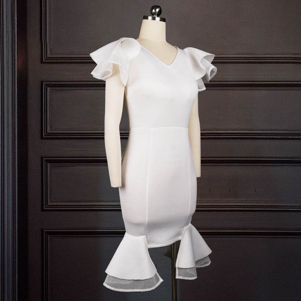 Plus Size Slim White Party Evening Gown - Mubimart