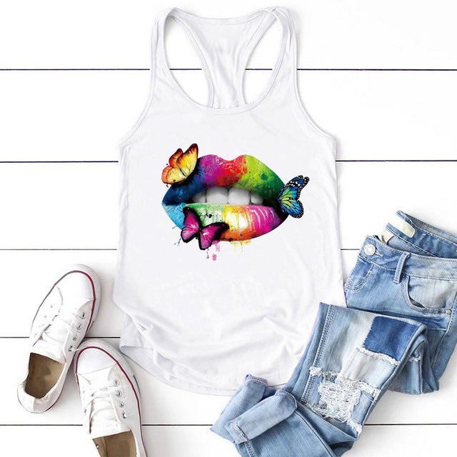 Multicolored Lips Butterflies Printed Tank Top Women - Mubimart -  