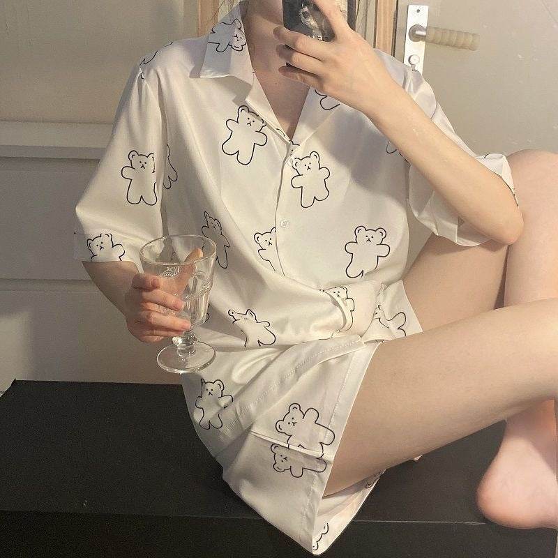 Women's Loose Cardigan Lapel Pajama Set - Mubimart