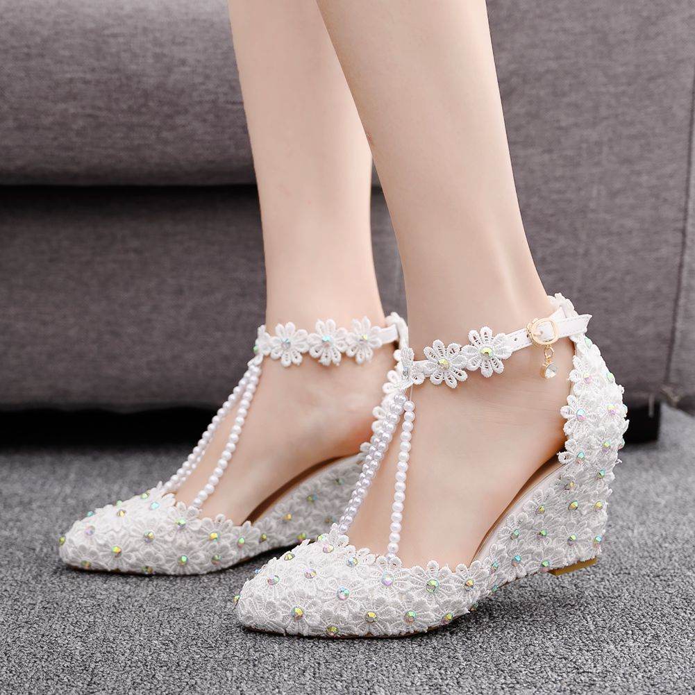 Rhinestone Wedge Lace Sandals - Mubimart