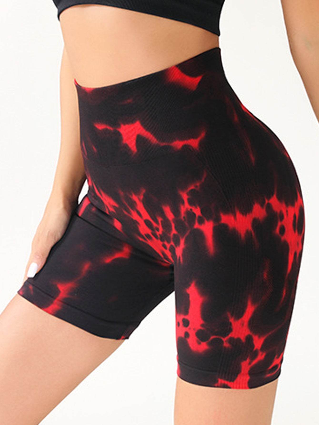 High Waist Tummy Control Yoga Shorts For Women, Tie-Dye Ruched Booty Lifting Workout Fitness Shorts, Hip Lifting Sports Activewear, Gym Exercise Running Shorts - Mubimart