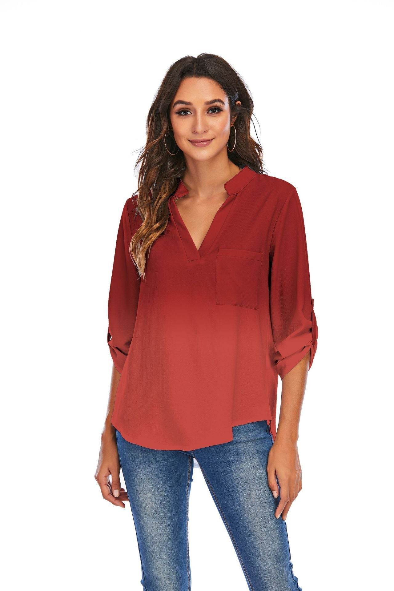 Print Gradient Blouses Women V-Neck Pockets Loose Shirts - Mubimart