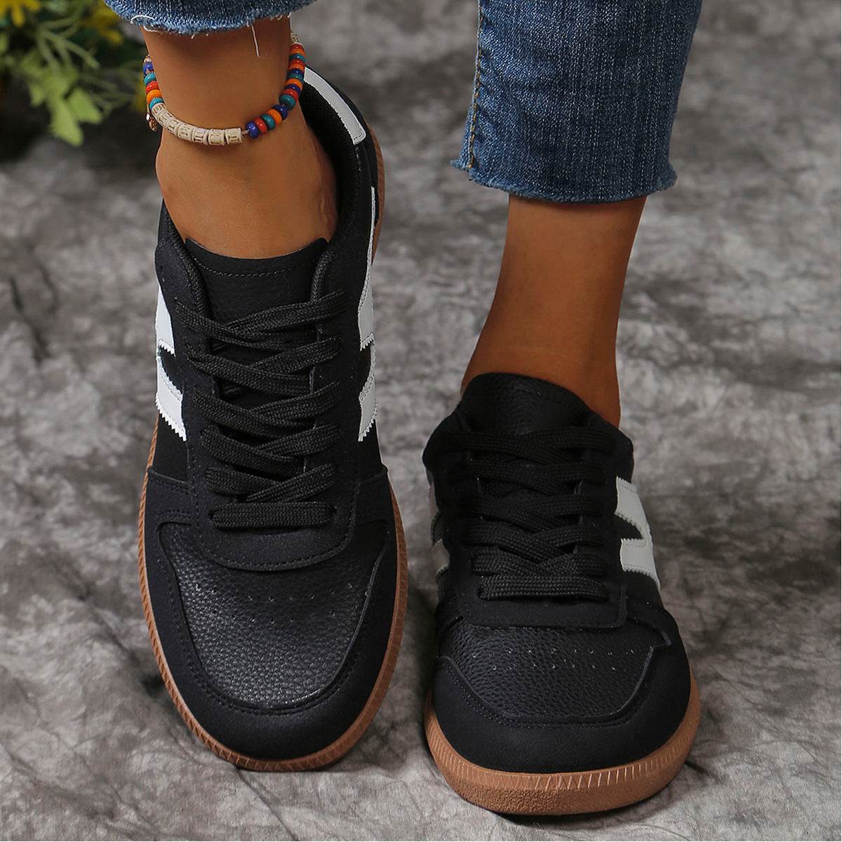 New Colorblock Lace-up Flats Shoes Fashion Round Toe Slip On Casual Shoes For Women - Mubimart