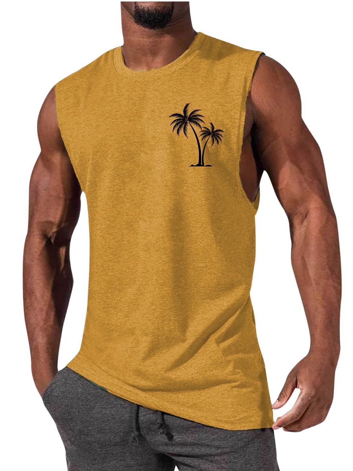 Coconut Tree Embroidery Vest Summer Beach Tank Tops Workout Muscle Men Sports Fitness T-shirt - Mubimart