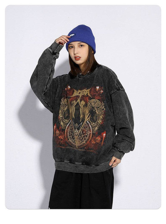 High Street Round Neck Sweater Mens Tide Brand Retro Wash Old Dark Print Loose - Mubimart