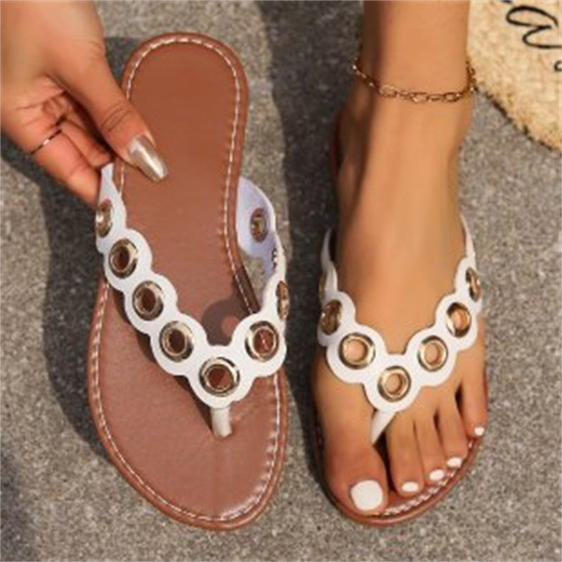 Neu Metall Hohl Kreis Design Tanga Sandalen Sommer Flache Flip-Flops Folien Casual Urlaub Strand