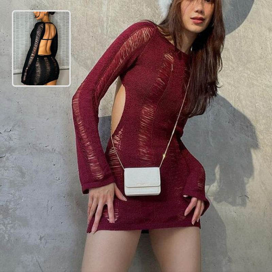 Fashion Slim Fit Hollow Long Sleeve Dress Y2K Sexy Backless Hip-hugging Short Dresses Womens Clothing - Mubimart