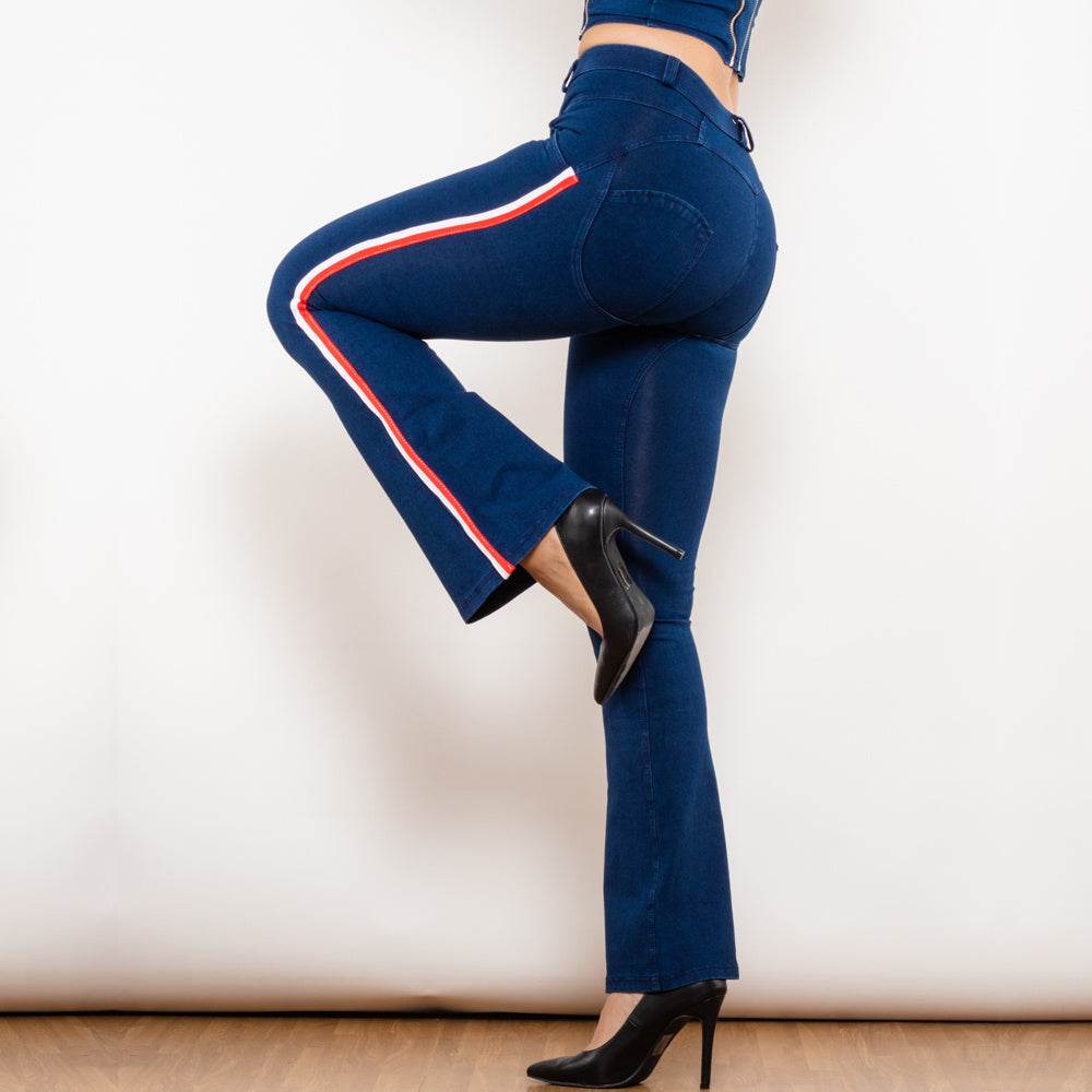 Shascullfites Melody Fashion White Red Side Stripe Flare Jeans Butt Lifting Female Casual Elasticity Dark Blue Denim Bell Pants - Mubimart