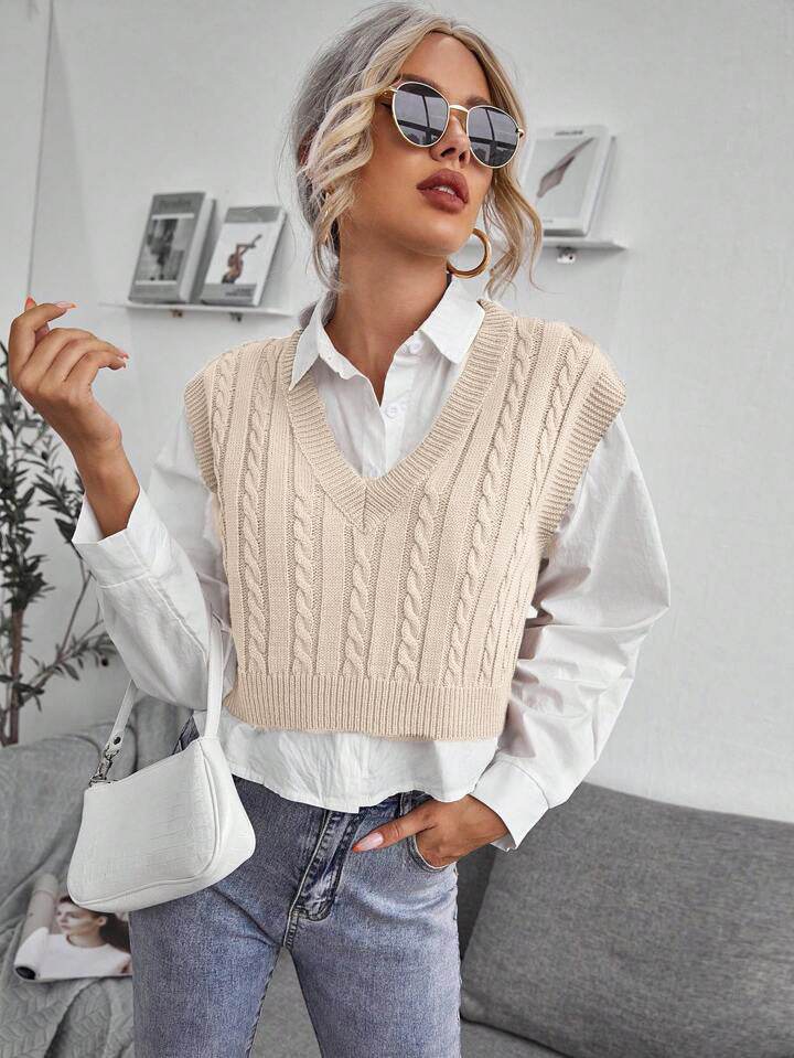 V-neck Knitted Vest Sweater Vest Sleeveless Waistcoat Women's Sweater Twist - Mubimart