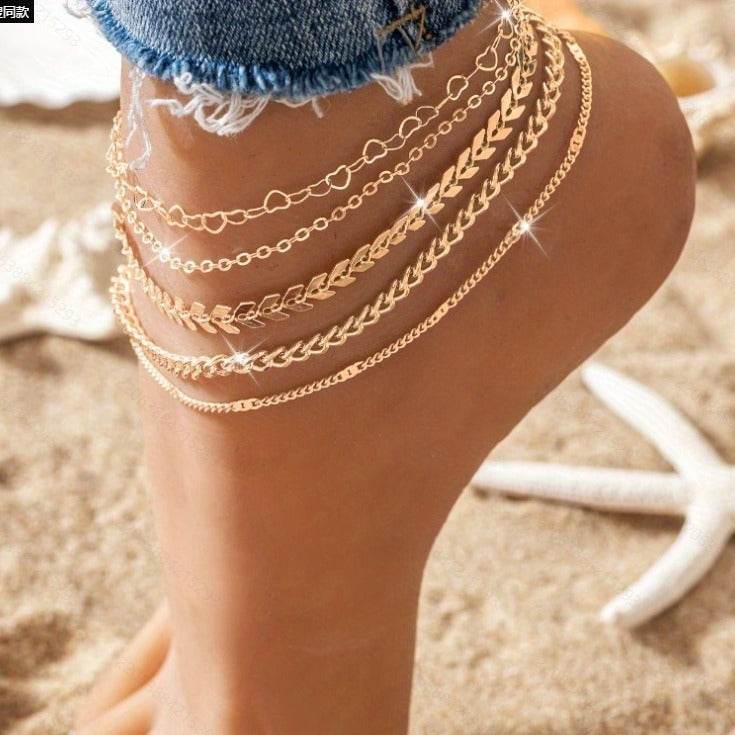5Pcs Bohemian Airplane Chain Ankle Chain Fashion Design Heart-shaped Chain Anklets Women's Summer Beach On Foot Chain Jewelry - Mubimart