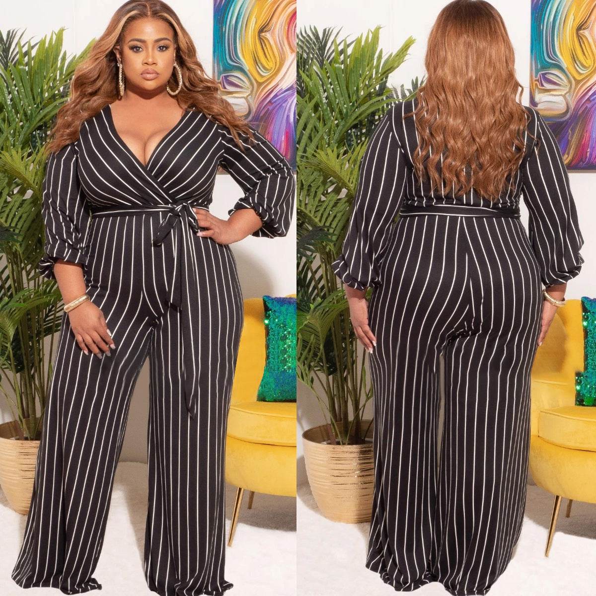 Women's Placement Print Striped Plus Size V-Neck Jumpsuit - Mubimart