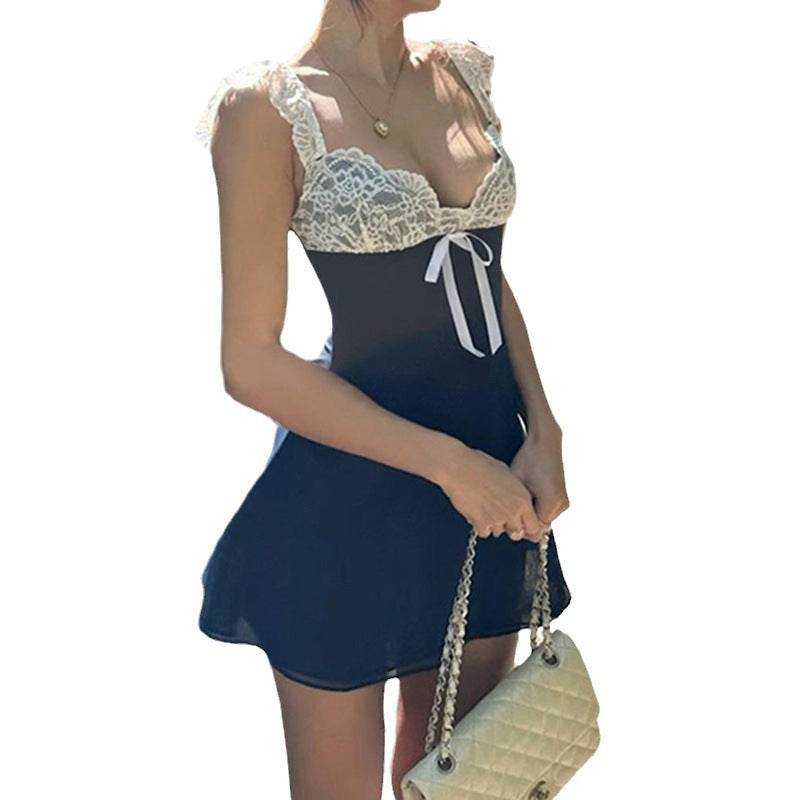 Lace Chiffon Slip Dress Bow V-neck Hip Dress - Mubimart