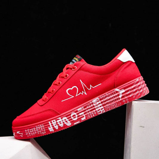 Love Print Canvas Shoes Women Men Flats Lace-up Casual Shoes Lover Sports Shoes Valentines Day - Mubimart