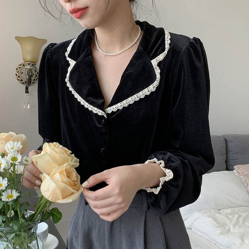 Bubble Sleeve Velvet Blouse Top For Women - Mubimart