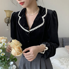 Bubble Sleeve Velvet Blouse Top For Women