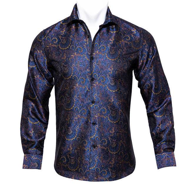 Barry.Wang Teal Paisley Floral Silk Shirts Men Autumn Long Sleeve Casual Flower Shirts For Men Designer Fit Dress Shirt BCY-05 - Mubimart