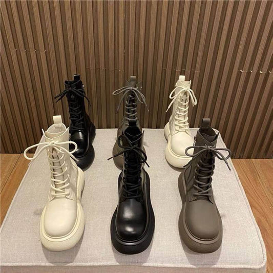 Single Boot Black Short Tube British Style Lace Up Ankle Boots - Mubimart