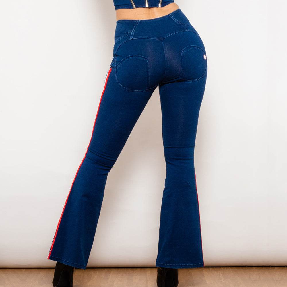 Shascullfites Melody Dark Blue Striped Flared Lift Jeggings Button Up Jeans Bum Lift Jeans High Waist Flare Jeans Women - Mubimart