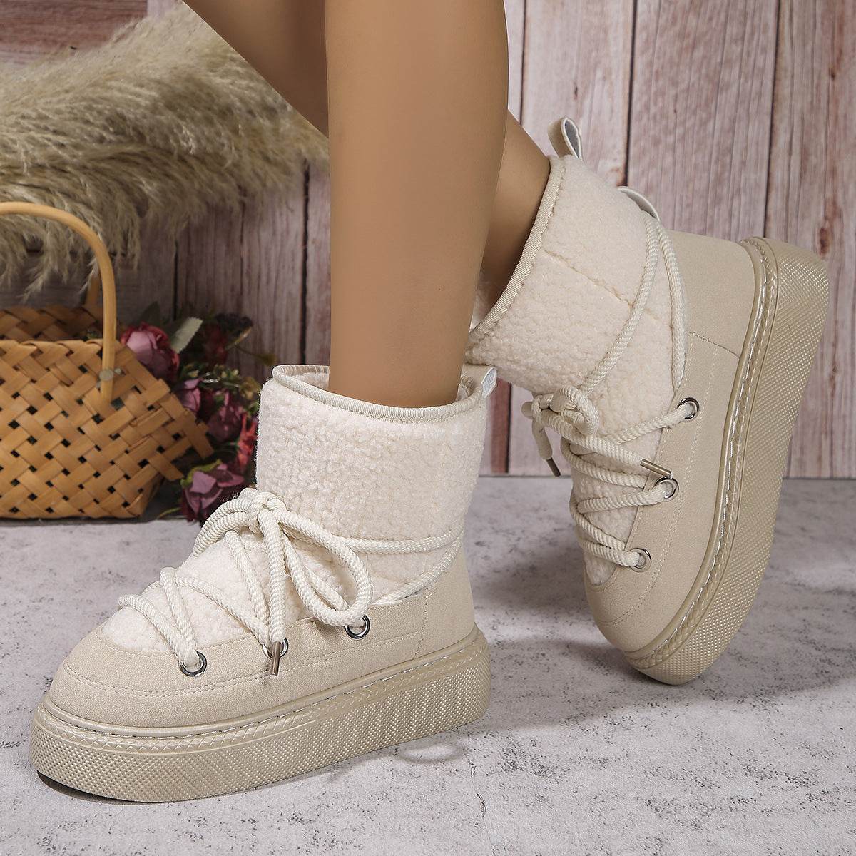 Fashion Lace-up Snow Boots Winter Flat Thick-soled Height-enhancing Cotton Shoes For Women Casual Warm Short Boot - Mubimart