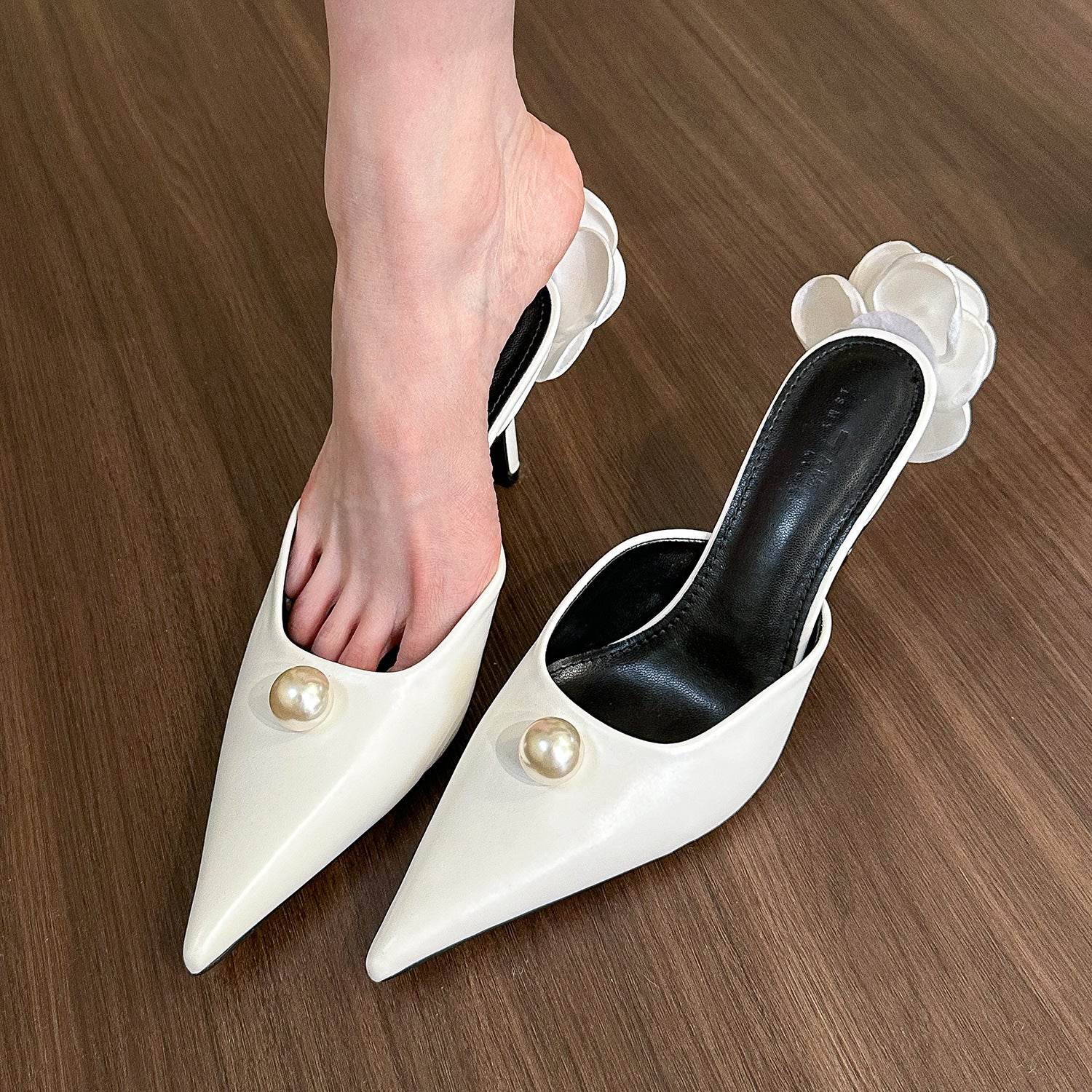 Pointed Pearl High Heel Half Slippers Women Mules Shoes - Mubimart