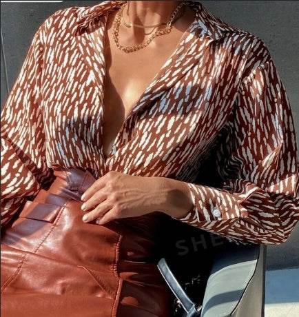 All Over Print Button Up Shirt Workwear Elegant Business Casual Women Button Up Shirt Women - Mubimart