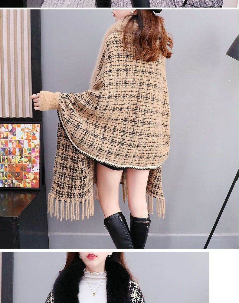 Autumn And Winter New Imitated Mink Cashmere Fur Collar Cape And Shawl Plus Size Tassel Knitted Cardigan - Mubimart
