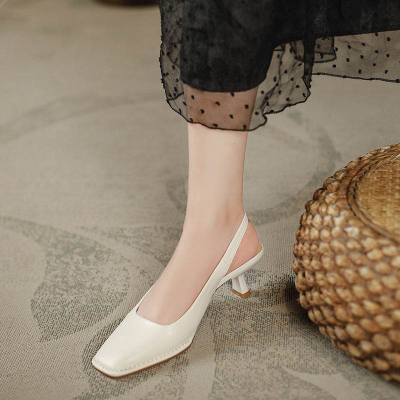 Classic Style Square Head Kitten Heel French Toe Cap Slingback Sandals - Mubimart