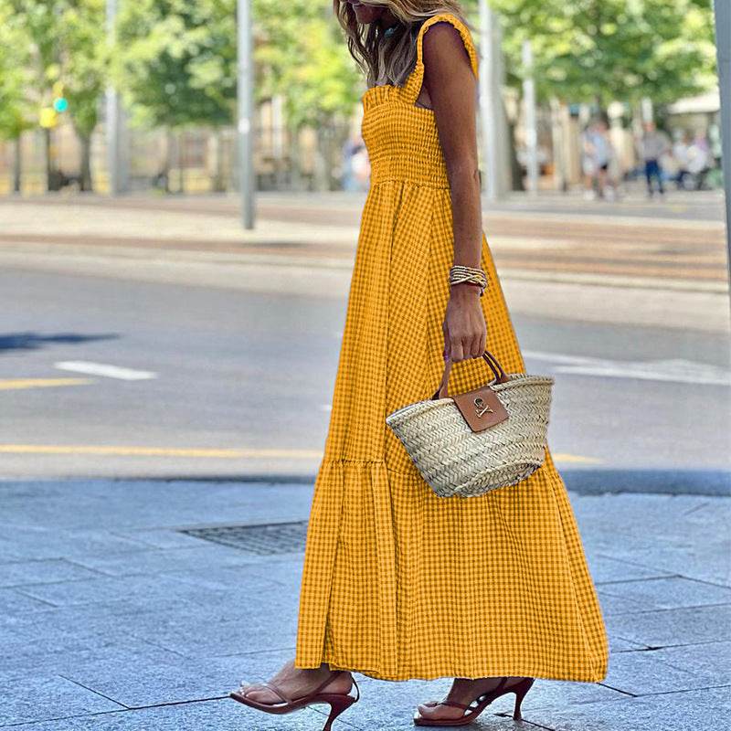 Fashionable Sleeveless Midi Plaid Dress - Mubimart