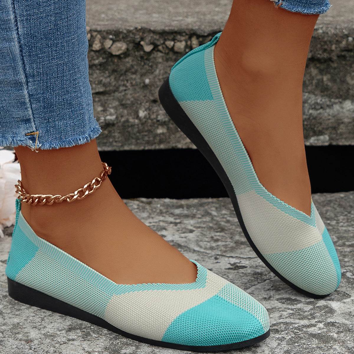 Fashion Colorblock Flats Shoes Flying Woven Breathable Cozy Loafers For Women - Mubimart