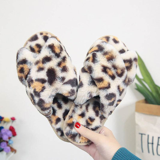 Cross-strap Fuzzy Slippers Leopard Plush House Shoes Flat Bedroom Slippers Slippers For Women - Mubimart