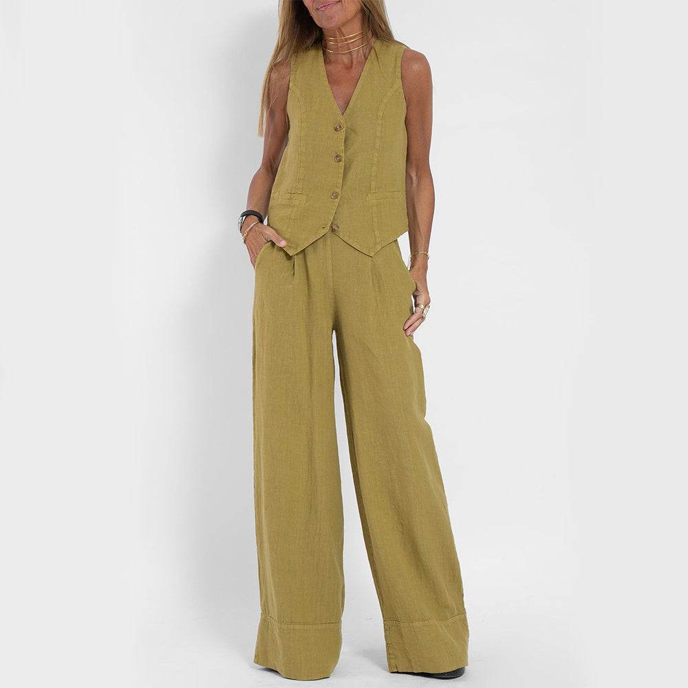 Summer Vest Suits V-neck Botton Sleeveless Top And Loose Straight Trousers Casual Womens Clothing - Mubimart