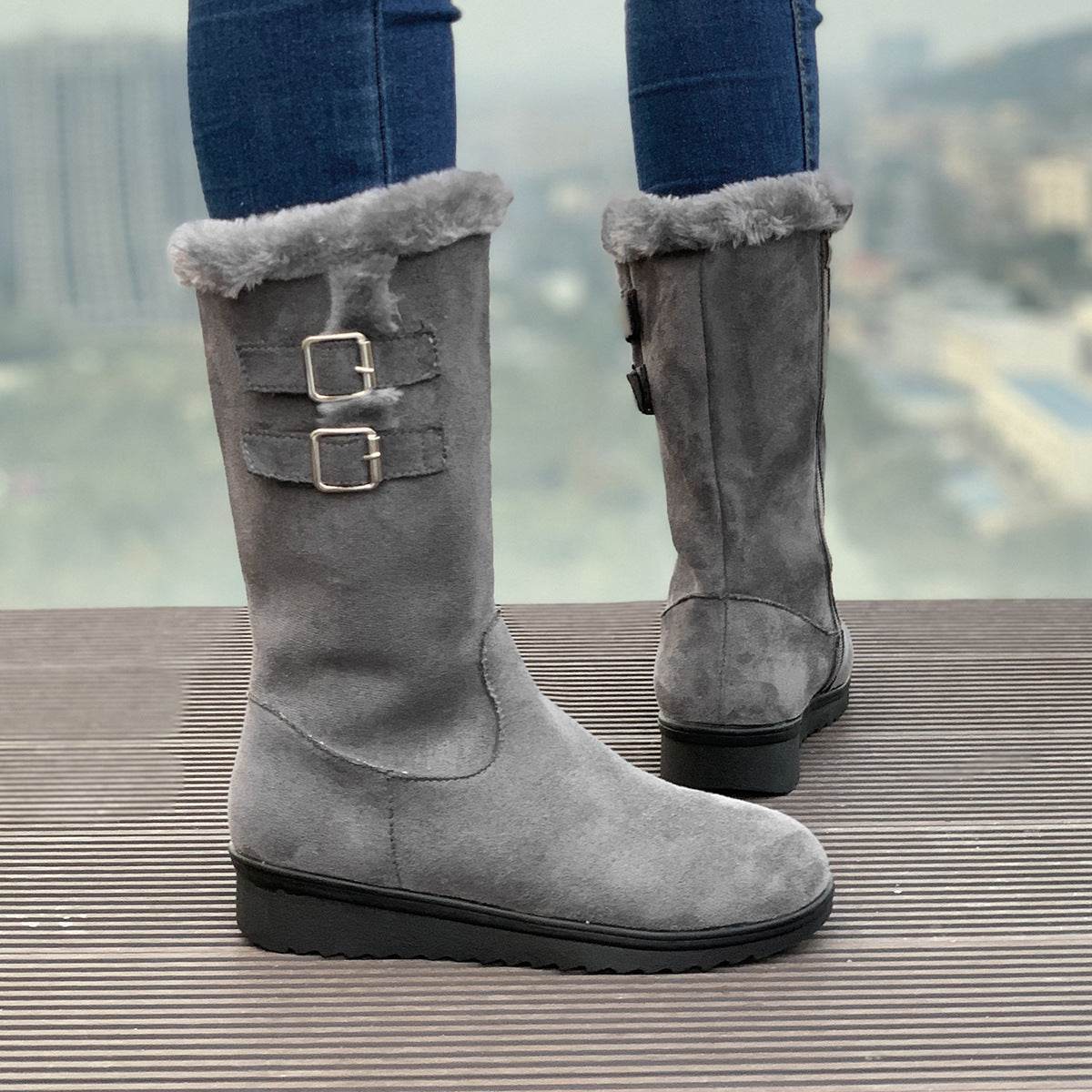 Fleece-lined Thick Mid-calf Martin Boots Wedge Heel - Mubimart