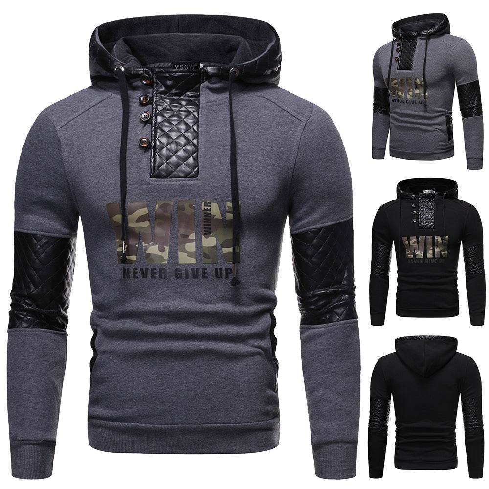 Pu Leather Patchwork Casual Hoodies - Mubimart