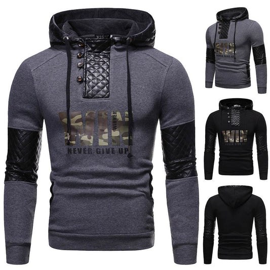 Pu Leather Patchwork Casual Hoodies - Mubimart