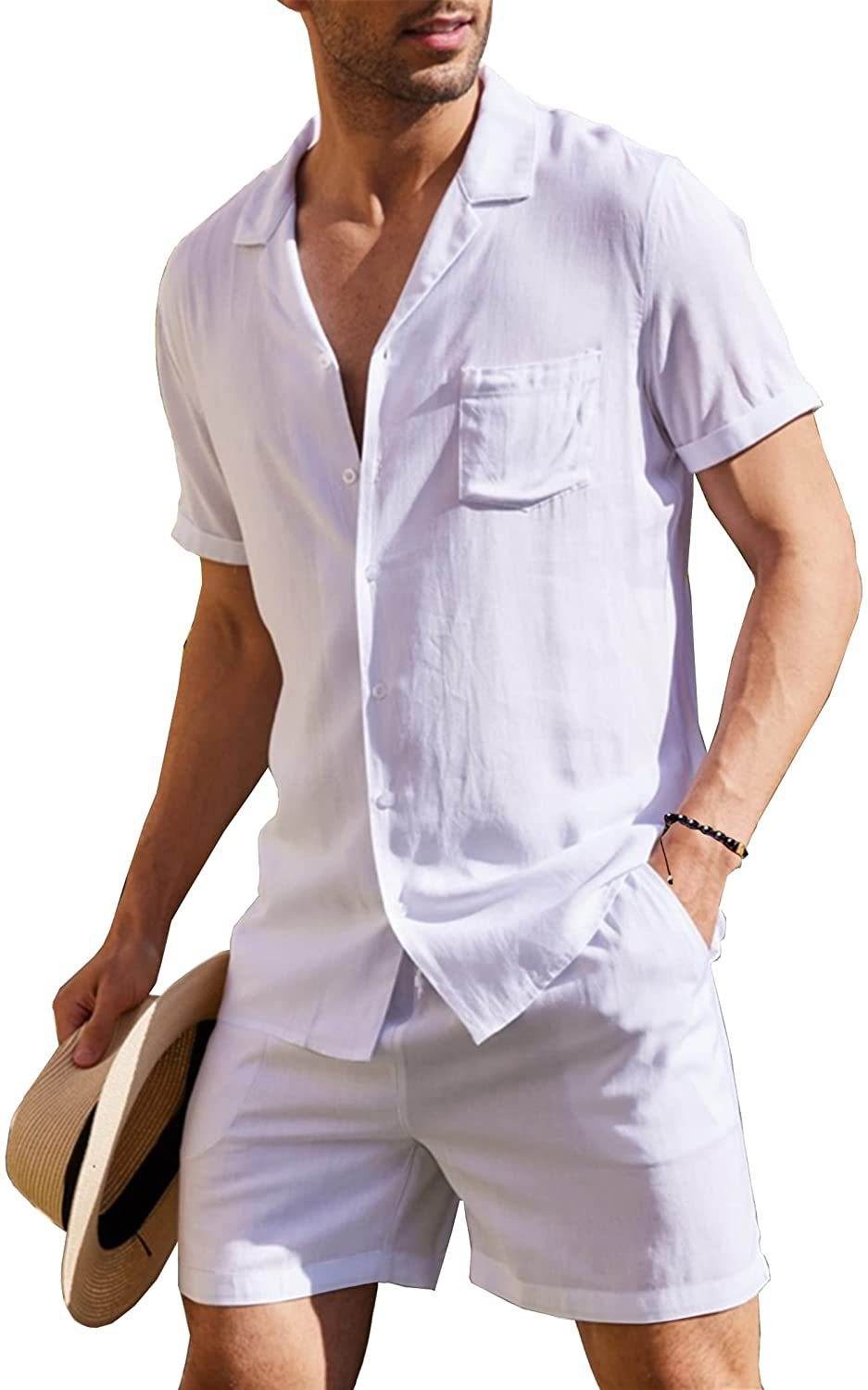 Men's Linen Short Sleeve Shirt Set Linen - Mubimart